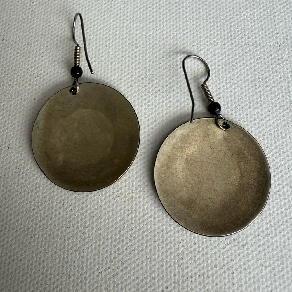 Circular Silver Tone Dangle Earrings with Turtle Etched Design - Picture 3 of 7